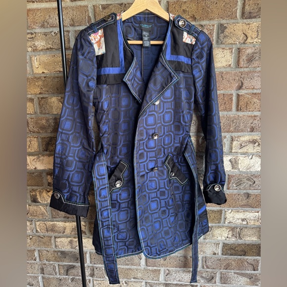 Custo Barcelona Blue Geometric Trench Coat EU 42 US 10 Belted